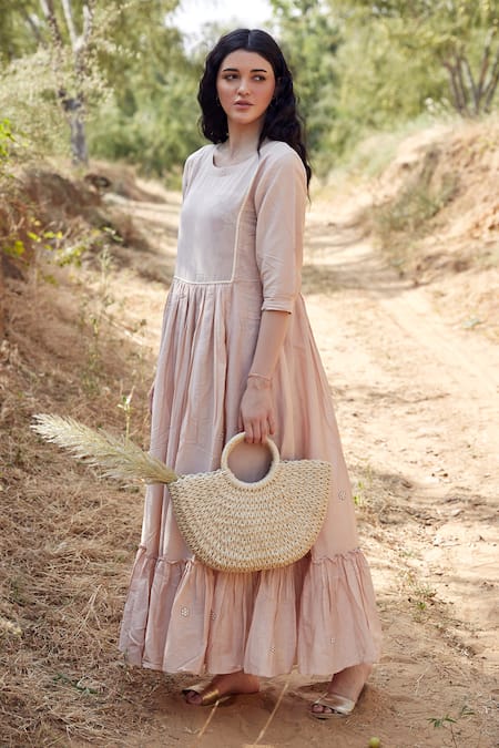 Palak Khandelwal Pink Cotton, Silk Embroidery Round Neck Tiered Floral Dress Online at Aza Fashions Palak Khandelwal_Pink Cotton, Silk Embroidery Round Neck Tiered Floral Dress _Online_at_Aza_Fashions