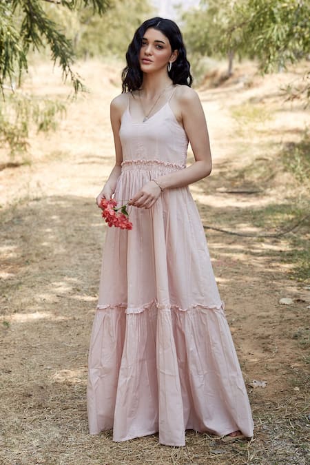 Palak Khandelwal Pink Cotton Ruffles V-neck Tiered Dress 