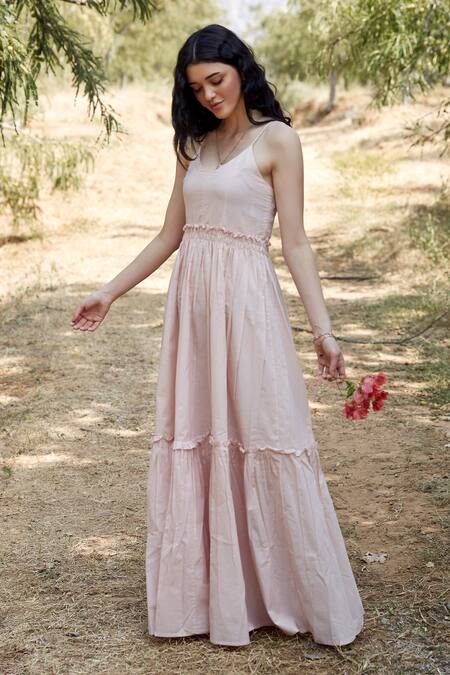 Palak Khandelwal_Pink Cotton Ruffles V-neck Tiered Dress _Online_at_Aza_Fashions