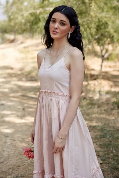 Buy_Palak Khandelwal_Pink Cotton Ruffles V-neck Tiered Dress _Online_at_Aza_Fashions