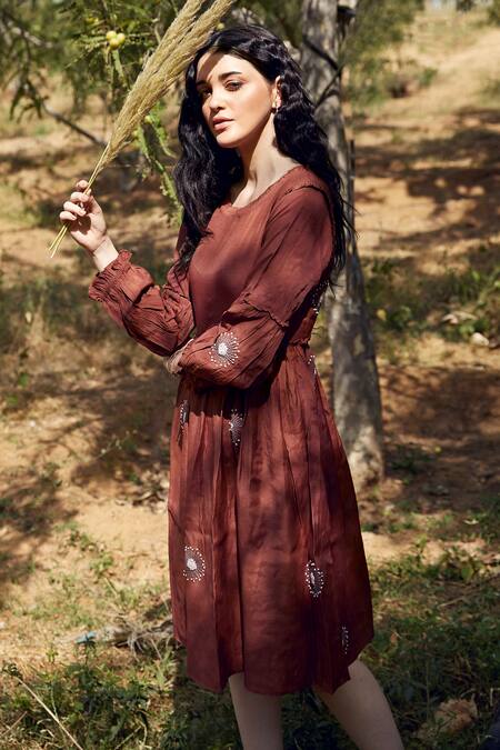 Buy_Palak Khandelwal_Brown Cotton, Silk Embroidery Round Neck Floral Tiered Dress _Online_at_Aza_Fashions