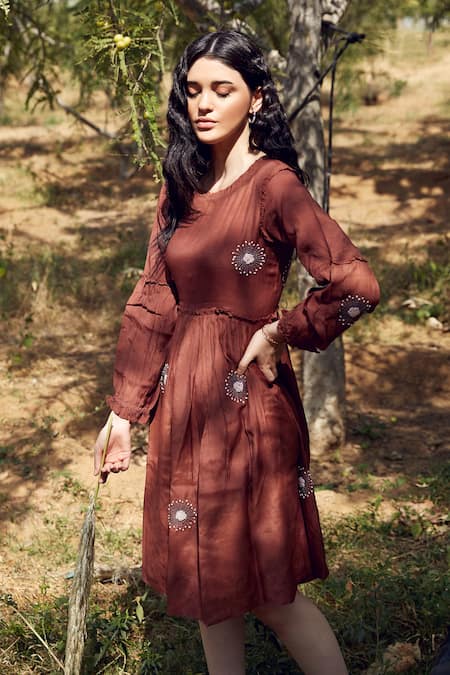 Shop_Palak Khandelwal_Brown Cotton, Silk Embroidery Round Neck Floral Tiered Dress _Online_at_Aza_Fashions