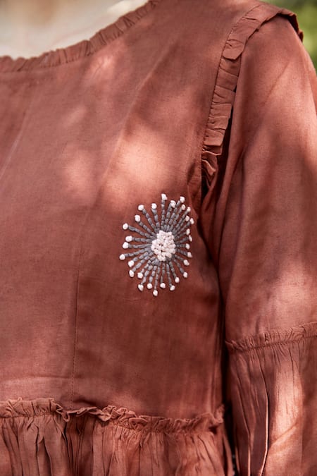 Palak Khandelwal_Brown Cotton, Silk Embroidery Round Neck Floral Tiered Dress _at_Aza_Fashions