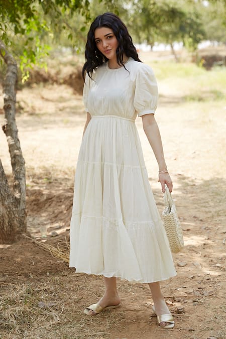 Buy_Palak Khandelwal_Ivory Cotton Round Neck Tiered Backless Dress _Online_at_Aza_Fashions