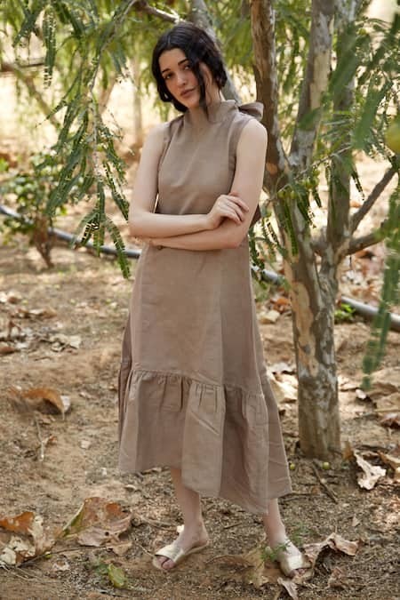 Buy Brown Linen Halter Tiered Dress For Women by Palak Khandelwal ...