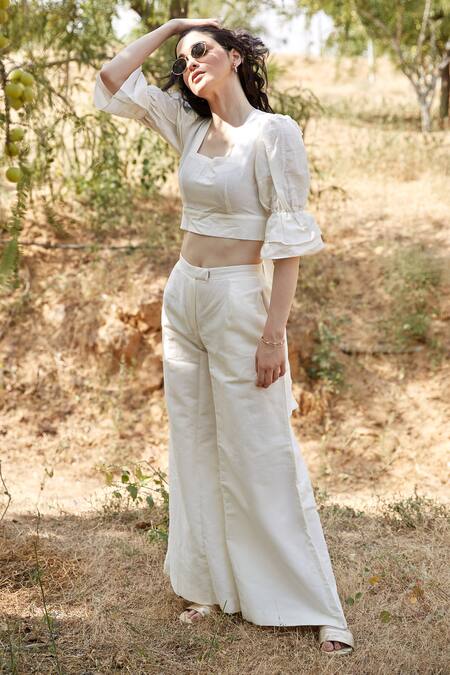 Buy Palak Khandelwal Ivory Linen Square Neck Puff Sleeve Top And Pant Set Online at Aza Fashions Buy_Palak Khandelwal_Ivory Linen Square Neck Puff Sleeve Top And Pant Set _Online_at_Aza_Fashions
