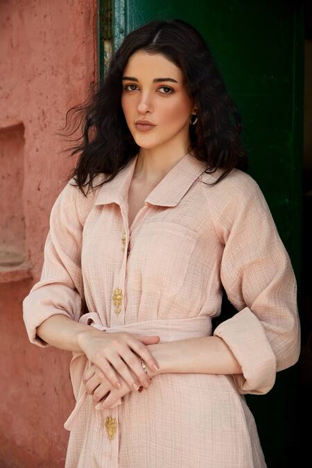 Palak Khandelwal Pink Cotton Embroidery Collared Button Shirt Dress Online at Aza Fashions Palak Khandelwal_Pink Cotton Embroidery Collared Button Shirt Dress _Online_at_Aza_Fashions