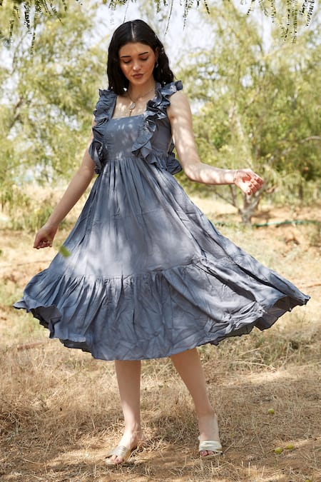 Palak Khandelwal Grey Cotton Ruffles Square Neck Tiered Dress