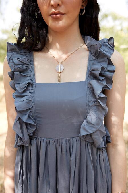 Shop Palak Khandelwal Grey Cotton Ruffles Square Neck Tiered Dress Online at Aza Fashions Shop_Palak Khandelwal_Grey Cotton Ruffles Square Neck Tiered Dress _Online_at_Aza_Fashions