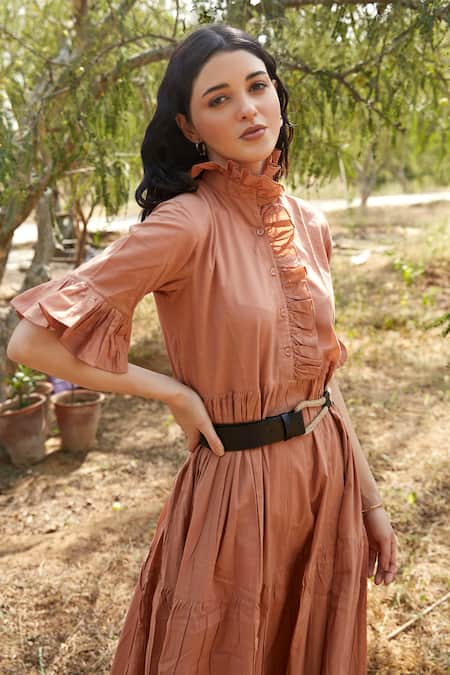 Shop Palak Khandelwal Brown Cotton Round Neck Tiered Gathered Dress Online at Aza Fashions Shop_Palak Khandelwal_Brown Cotton Round Neck Tiered Gathered Dress _Online_at_Aza_Fashions