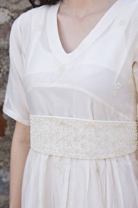 Shop Palak Khandelwal Ivory Chanderi Embroidery V-neck V Dress Online at Aza Fashions Shop_Palak Khandelwal_Ivory Chanderi Embroidery V-neck V Dress _Online_at_Aza_Fashions