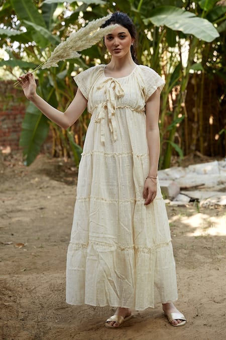 Palak Khandelwal Ivory Cotton Embroidery Round Neck Dress