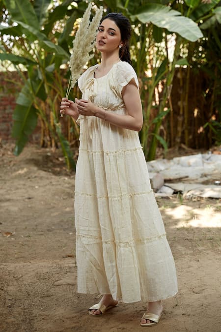 Palak Khandelwal Ivory Cotton Embroidery Round Neck Dress Online at Aza Fashions Palak Khandelwal_Ivory Cotton Embroidery Round Neck Dress _Online_at_Aza_Fashions
