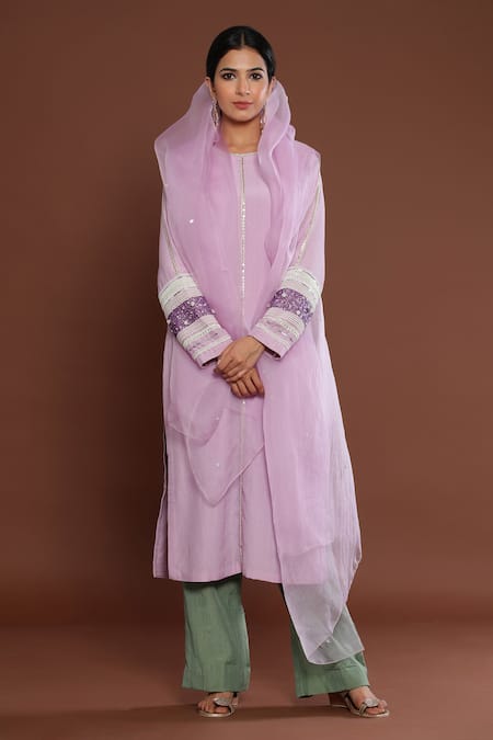Palak Khandelwal Purple Chanderi, Organza Cut Work, Pearls Sleeve Embroidered Kurta Pant Set