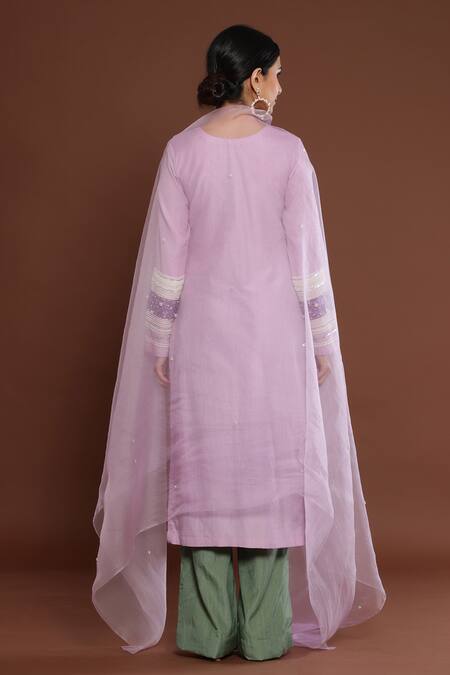 Shop Palak Khandelwal Purple Chanderi, Organza Cut Work, Pearls Sleeve Embroidered Kurta Pant Set at Aza Fashions Shop_Palak Khandelwal_Purple Chanderi, Organza Cut Work, Pearls Sleeve Embroidered Kurta Pant Set _at_Aza_Fashions