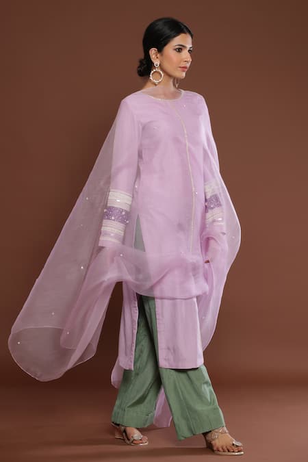 Palak Khandelwal Purple Chanderi, Organza Cut Work, Pearls Sleeve Embroidered Kurta Pant Set Online at Aza Fashions Palak Khandelwal_Purple Chanderi, Organza Cut Work, Pearls Sleeve Embroidered Kurta Pant Set _Online_at_Aza_Fashions