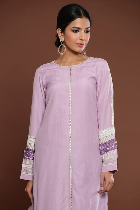 Buy Palak Khandelwal Purple Chanderi, Organza Cut Work, Pearls Sleeve Embroidered Kurta Pant Set Online at Aza Fashions Buy_Palak Khandelwal_Purple Chanderi, Organza Cut Work, Pearls Sleeve Embroidered Kurta Pant Set _Online_at_Aza_Fashions