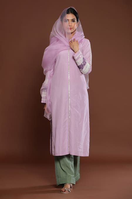 Buy Palak Khandelwal Purple Chanderi, Organza Cut Work, Pearls Sleeve Embroidered Kurta Pant Set Buy_Palak Khandelwal_Purple Chanderi, Organza Cut Work, Pearls Sleeve Embroidered Kurta Pant Set