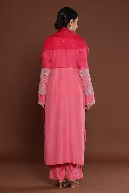 Shop Palak Khandelwal Pink Chanderi, Organza Cut Work, Embroidery Round Sleeve Cutdana Kurta Pant Set at Aza Fashions Shop_Palak Khandelwal_Pink Chanderi, Organza Cut Work, Embroidery Round Sleeve Cutdana Kurta Pant Set _at_Aza_Fashions