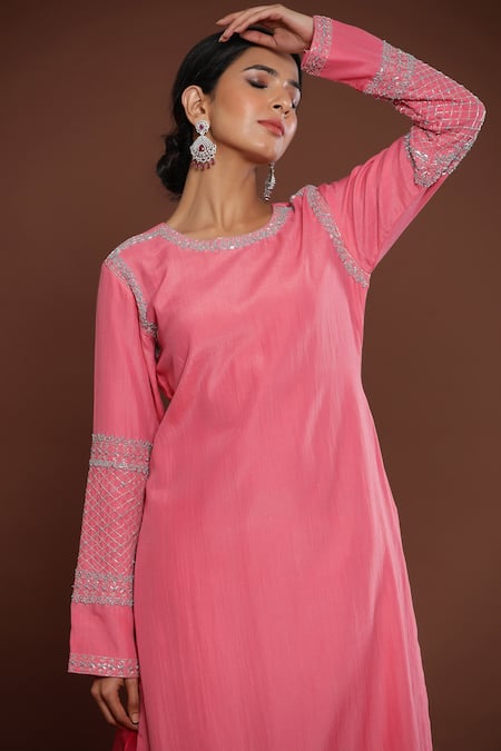 Shop Palak Khandelwal Pink Chanderi, Organza Cut Work, Embroidery Round Sleeve Cutdana Kurta Pant Set Online at Aza Fashions Shop_Palak Khandelwal_Pink Chanderi, Organza Cut Work, Embroidery Round Sleeve Cutdana Kurta Pant Set _Online_at_Aza_Fashions