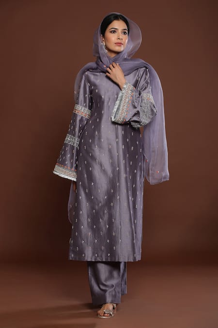 Palak Khandelwal Grey Chanderi, Organza Cut Work, Embroidery, Pearls Round Neck Kurta Pant Set