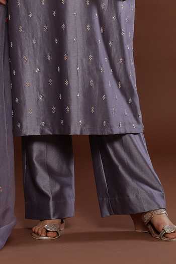 Palak Khandelwal_Grey Chanderi, Organza Cut Work, Embroidery, Pearls Round Neck Kurta Pant Set _Online_at_Aza_Fashions