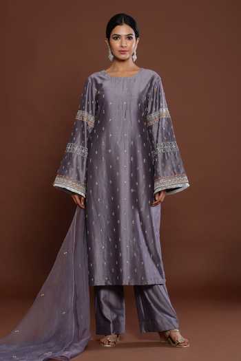 Buy_Palak Khandelwal_Grey Chanderi, Organza Cut Work, Embroidery, Pearls Round Neck Kurta Pant Set _Online_at_Aza_Fashions