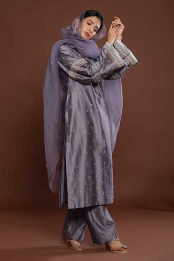 Shop_Palak Khandelwal_Grey Chanderi, Organza Cut Work, Embroidery, Pearls Round Neck Kurta Pant Set _Online_at_Aza_Fashions