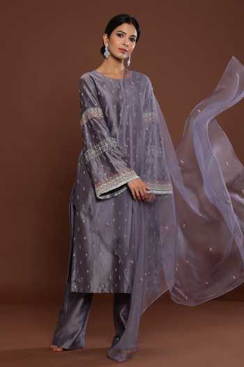 Palak Khandelwal_Grey Chanderi, Organza Cut Work, Embroidery, Pearls Round Neck Kurta Pant Set _at_Aza_Fashions