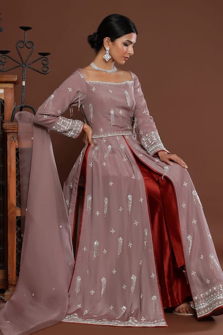 Palak Khandelwal Brown Chanderi Embroidered Cutdana Square Neck High-slit Anarkali Set 