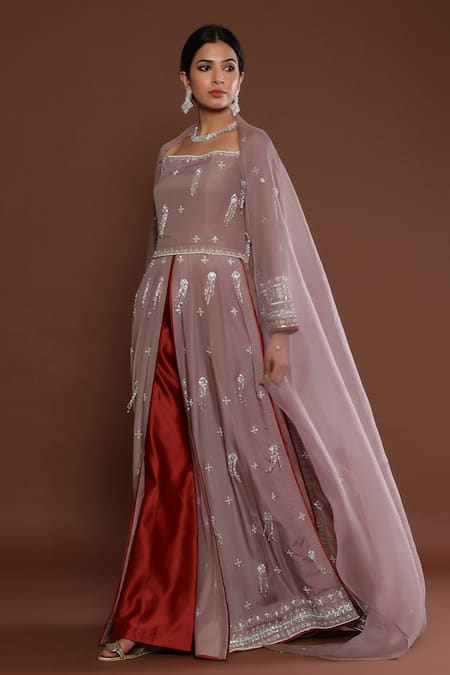 Shop Palak Khandelwal Brown Chanderi, Organza, Silk Cut Work, Embroidered High-slit Anarkali Set at Aza Fashions Shop_Palak Khandelwal_Brown Chanderi, Organza, Silk Cut Work, Embroidered High-slit Anarkali Set _at_Aza_Fashions