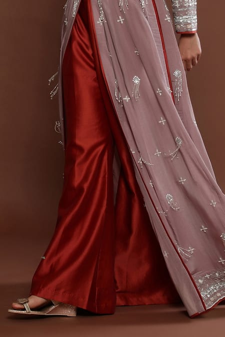 Shop Palak Khandelwal Brown Chanderi, Organza, Silk Cut Work, Embroidered High-slit Anarkali Set Online at Aza Fashions Shop_Palak Khandelwal_Brown Chanderi, Organza, Silk Cut Work, Embroidered High-slit Anarkali Set _Online_at_Aza_Fashions