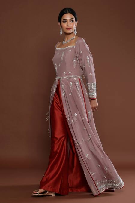 Palak Khandelwal Brown Chanderi, Organza, Silk Cut Work, Embroidered High-slit Anarkali Set at Aza Fashions Palak Khandelwal_Brown Chanderi, Organza, Silk Cut Work, Embroidered High-slit Anarkali Set _at_Aza_Fashions