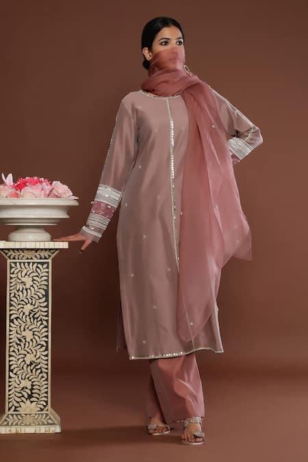 Buy Palak Khandelwal Pink Chanderi, Organza Cut Work, Pearls Round Sleeve Embroidered Kurta Pant Set Online at Aza Fashions Buy_Palak Khandelwal_Pink Chanderi, Organza Cut Work, Pearls Round Sleeve Embroidered Kurta Pant Set _Online_at_Aza_Fashions