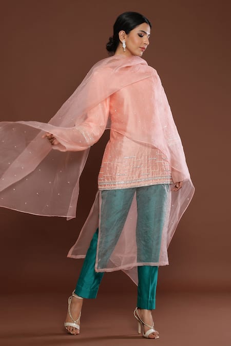 Buy Palak Khandelwal Peach Chanderi, Organza Pearls, Stones Round Embroidered Straight Kurta Pant Set Online at Aza Fashions Buy_Palak Khandelwal_Peach Chanderi, Organza Pearls, Stones Round Embroidered Straight Kurta Pant Set _Online_at_Aza_Fashions