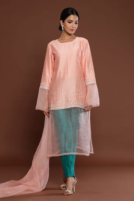 Shop Palak Khandelwal Peach Chanderi, Organza Pearls, Stones Round Embroidered Straight Kurta Pant Set Online at Aza Fashions Shop_Palak Khandelwal_Peach Chanderi, Organza Pearls, Stones Round Embroidered Straight Kurta Pant Set _Online_at_Aza_Fashions