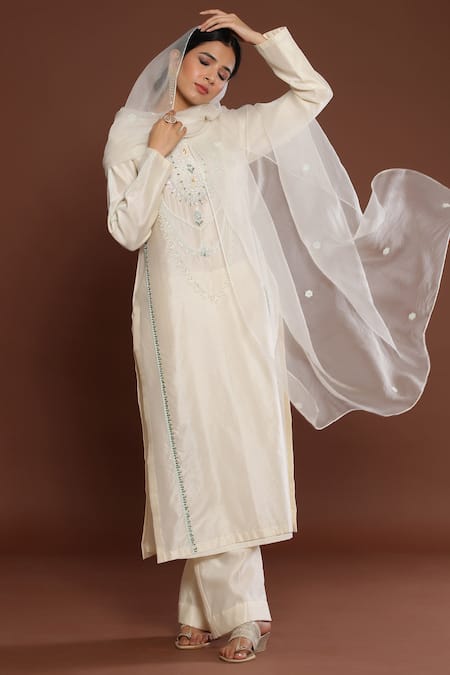 Palak Khandelwal Ivory Chanderi, Organza Pearls, Stones, Embroidery Round Neck Kurta Pant Set