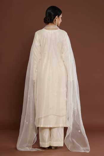 Shop Palak Khandelwal Ivory Chanderi, Organza Pearls, Stones, Embroidery Round Neck Kurta Pant Set at Aza Fashions Shop_Palak Khandelwal_Ivory Chanderi, Organza Pearls, Stones, Embroidery Round Neck Kurta Pant Set _at_Aza_Fashions