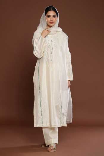 Shop Palak Khandelwal Ivory Chanderi, Organza Pearls, Stones, Embroidery Round Neck Kurta Pant Set Online at Aza Fashions Shop_Palak Khandelwal_Ivory Chanderi, Organza Pearls, Stones, Embroidery Round Neck Kurta Pant Set _Online_at_Aza_Fashions