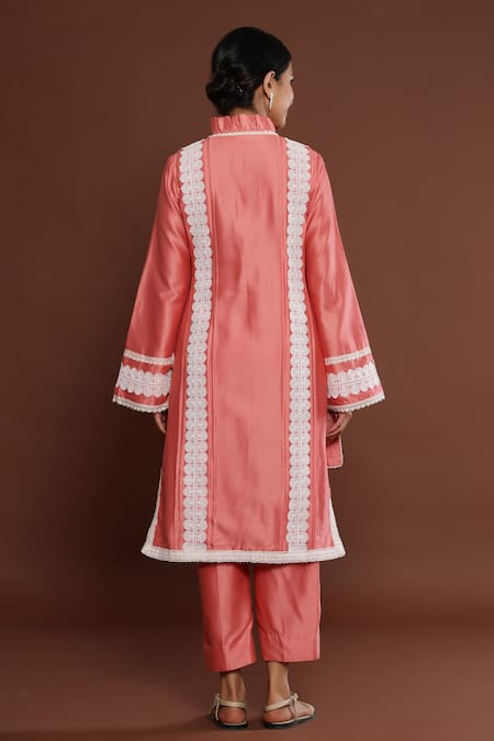 Shop Palak Khandelwal Pink Chanderi Embroidery Split V-neck High-low Kurta And Pant Set at Aza Fashions Shop_Palak Khandelwal_Pink Chanderi Embroidery Split V-neck High-low Kurta And Pant Set _at_Aza_Fashions