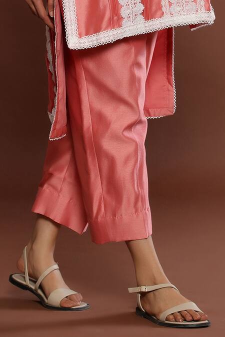 Buy Palak Khandelwal Pink Chanderi Embroidery Split V-neck High-low Kurta And Pant Set Online at Aza Fashions Buy_Palak Khandelwal_Pink Chanderi Embroidery Split V-neck High-low Kurta And Pant Set _Online_at_Aza_Fashions