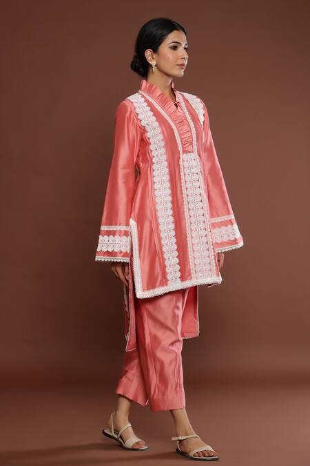 Shop Palak Khandelwal Pink Chanderi Embroidery Split V-neck High-low Kurta And Pant Set Online at Aza Fashions Shop_Palak Khandelwal_Pink Chanderi Embroidery Split V-neck High-low Kurta And Pant Set _Online_at_Aza_Fashions