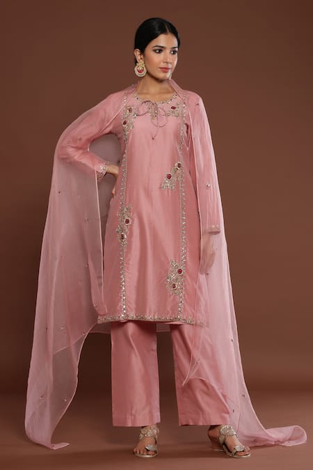 Palak Khandelwal Pink Chanderi, Organza Embroidery Round Neck Resham Kurta Pant Set