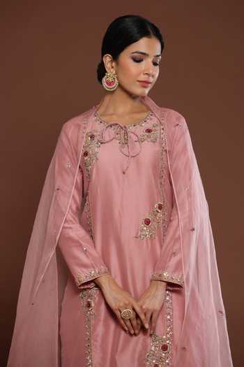 Buy Palak Khandelwal Pink Chanderi, Organza Embroidery Round Neck Resham Kurta Pant Set Online at Aza Fashions Buy_Palak Khandelwal_Pink Chanderi, Organza Embroidery Round Neck Resham Kurta Pant Set _Online_at_Aza_Fashions