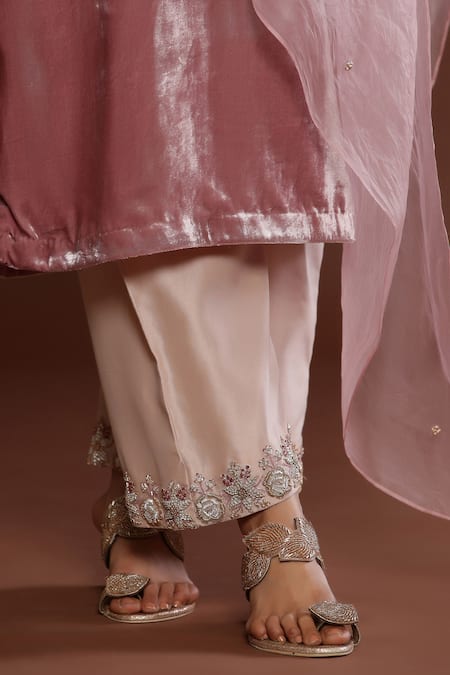 Shop Palak Khandelwal Pink Velvet, Chanderi, Organza Pearls, Diamonds, Cut Work, Kurta Pant Set Online at Aza Fashions Shop_Palak Khandelwal_Pink Velvet, Chanderi, Organza Pearls, Diamonds, Cut Work, Kurta Pant Set _Online_at_Aza_Fashions