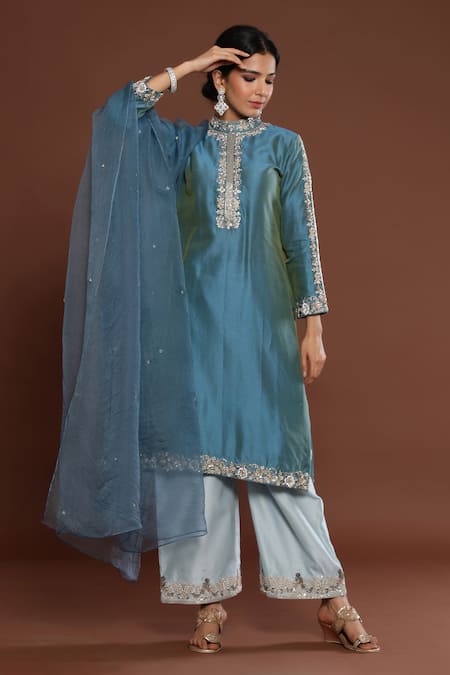 Palak Khandelwal Blue Chanderi, Organza Pearls, Cut Work, Embroidery Bandeau Neck Kurta Pant Set