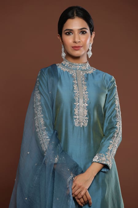 Palak Khandelwal_Blue Chanderi, Organza Pearls, Cut Work, Embroidery Bandeau Neck Kurta Pant Set _Online_at_Aza_Fashions