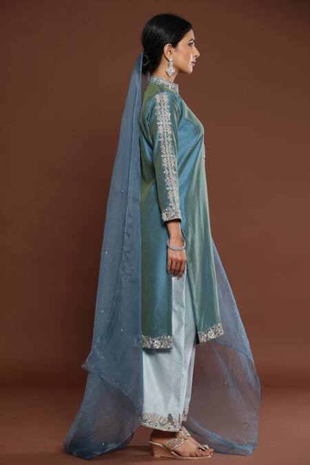 Shop_Palak Khandelwal_Blue Chanderi, Organza Pearls, Cut Work, Embroidery Bandeau Neck Kurta Pant Set _Online_at_Aza_Fashions