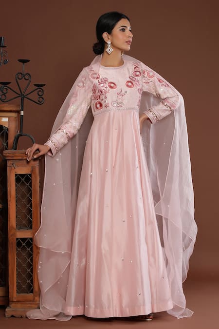 Palak Khandelwal Pink Chanderi, Organza Pearls, Sleeve Hand Embroidered Anarkali With Dupatta