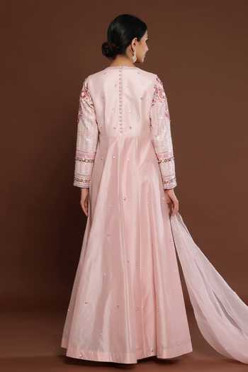 Shop Palak Khandelwal Pink Chanderi, Organza Pearls, Sleeve Hand Embroidered Anarkali With Dupatta at Aza Fashions Shop_Palak Khandelwal_Pink Chanderi, Organza Pearls, Sleeve Hand Embroidered Anarkali With Dupatta _at_Aza_Fashions
